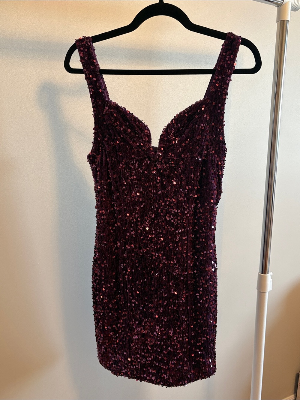 Plunge Neck Sequin Mini Dress in Deep Purple